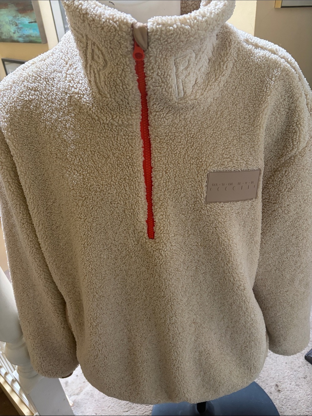 Men's Particle Fever Cream Sherpa Zip Pullover with Red Contrast